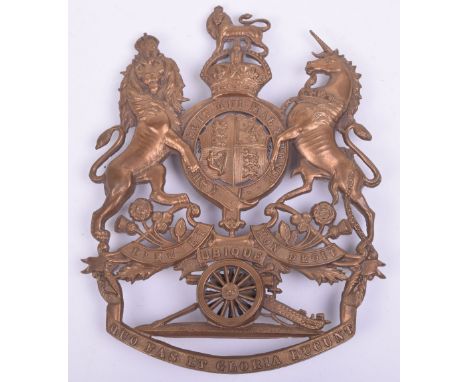 Post 1902 Royal Artillery Helmet Plate, brass Royal Arms with Artillery field piece in the lower section. Three lug fittings 