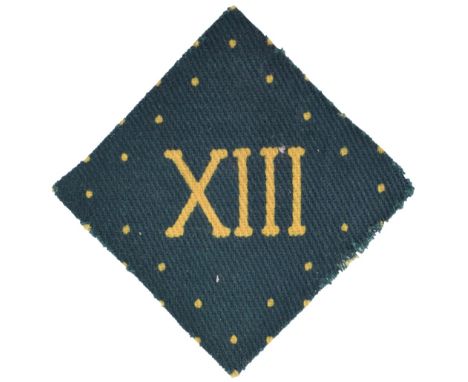 WW2 Somerset Light Infantry Regimental Flash, green diamond with printed yellow XIII to the centre. Good condition. 