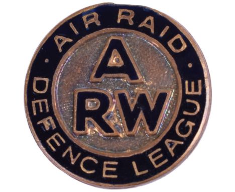 Air Raid Defence League Enamel Lapel Badge, brass and enamel circular badge with  ARW to the centre in black enamel. Fitting 
