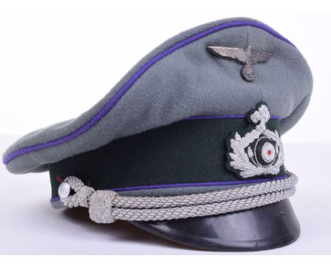 WW2 German Army Chaplains Peaked Cap of fine doeskin wool cloth body with green central band. Purple piping to the crown and 