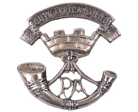 Somerset Light Infantry Territorials Cap / Collar Badge, large white metal bugle horn with mural crown and PA to the centre. 