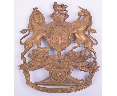 Victorian Royal Artillery Other Ranks Helmet Plate, brass Royal Arms with Artillery field piece in the lower section. Three l