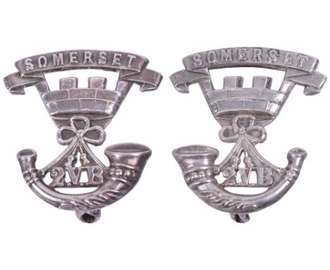 Pair of Silver Plated 2nd Volunteer Battalion Somerset Light Infantry Collar Badges, bugle horn with mural crown, 2.V.B to th