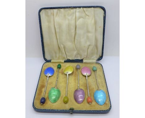 A cased set of six silver and enamel coffee bean spoons, Birmingham 1937, Turner &amp; Simpson, hinge of case a/f 