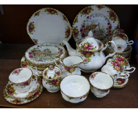 A Royal Albert Old Country Roses six setting tea service with teapot, cream jug, sugar, six cups, saucers and side plates, a 