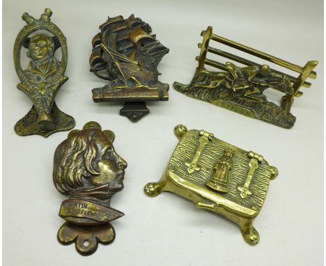 Three vintage door knockers, Robert Burns/Cutty Sark/Martin Chuzzlewit, a letter rack and stamp box 