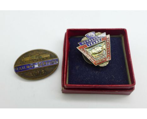 A hallmarked silver and enamel NUR lapel badge, boxed, and a L.M.S. Railway Service lapel badge, numbered A23145 