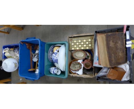 Five boxes of assorted items, oil lamp, Barclay's dictionary, blue and white china, etc. **PLEASE NOTE THIS LOT IS NOT ELIGIB
