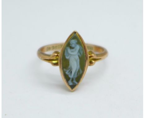 A 9ct gold navette shaped cameo ring, Chester 1912, 2.4g, R 