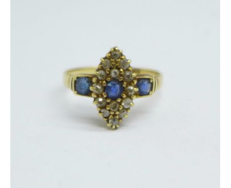 A Victorian 18ct gold, sapphire and diamond ring, Birmingham 1890, 2.4g, J 