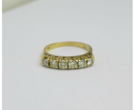 A 14ct gold, six stone diamond ring, 3g, M 