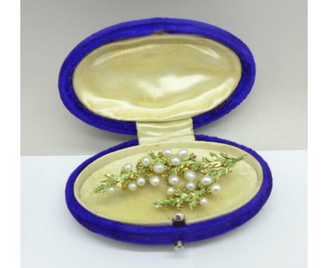 A 15ct gold, pearl and enamel brooch, boxed, 7.4g, 49mm 