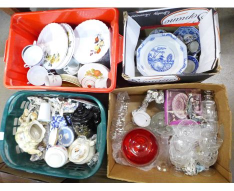 Four boxes of china and glass, including a c.1900 teapot, two other teapots, Meakin dinnerware, a ruby glass bowl, cut glass 