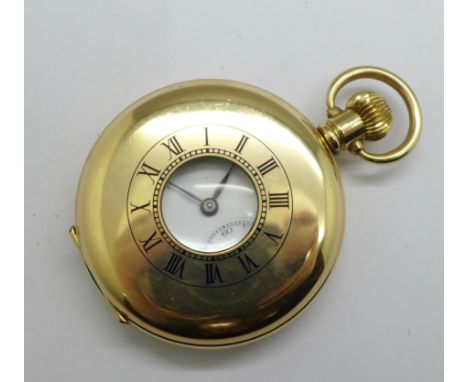 A 10ct rolled gold half hunter pocket watch, main spring a/f, 20 year Dennison case 