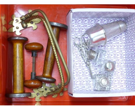 Two brass wall mounted rails, a door knob, a plated shaker, a pair of grape scissors, a silver topped inkwell, a/f, a pair of