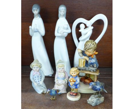 Two Goebel figures, smallest a/f, two bisque figures, three other figures, (one a/f), a gemstone bird and a cloisonne bird 