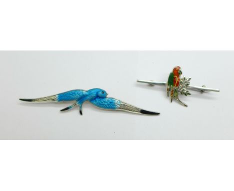 Two enamelled silver bird brooches, enamel a/f 