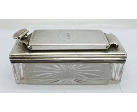 A large William IV silver and glass travel inkwell, London 1832, (one chip on the glass), length 93mm 