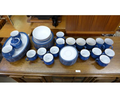 Denby blue dinnerwares, six oval steak plates, two side plates, six soup bowls, three large cereal bowls, ten cups and saucer