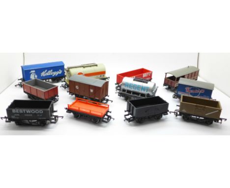 Twelve OO gauge railway wagons including eight Hornby and one Bachmann 