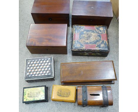 A Georgian tea caddy, other wooden boxes, an Anglo-Indian inlaid box, a/f, money box, Mauchlinware boxes, etc. 