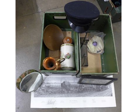 Two military boxes including a set of balance scales, Barbola mirror, peaked cap, etc. **PLEASE NOTE THIS LOT IS NOT ELIGIBLE