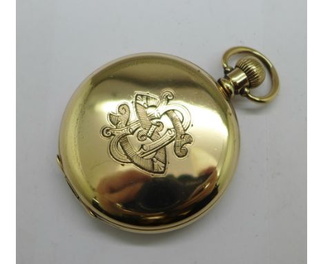A rolled gold full hunter pocket watch, with monogram, glass loose, Dennison 10 year case 