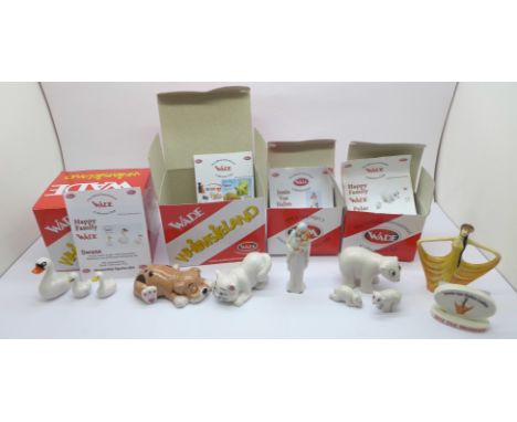 A collection of Wade figures; Pinkie and Patch Pottery Pets, Happy Family Swans, Happy Family Polar Bears, Madonna and Child,