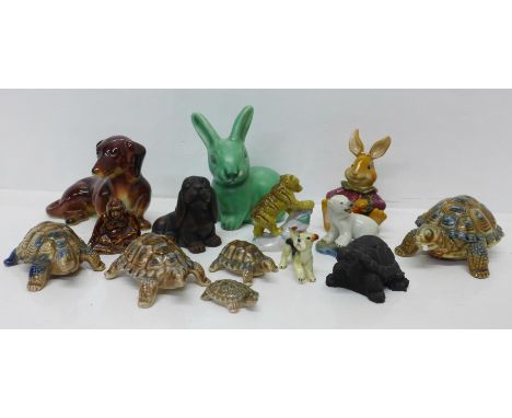 A collection of animal figures including a Goebel dog, Regency Fine Arts rabbit, a Sylvac rabbit, a Wade bear and Wade tortoi