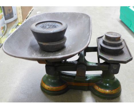 A set of Robinson Bros. Nottingham kitchen scales and weights **PLEASE NOTE THIS LOT IS NOT ELIGIBLE FOR POSTING AND PACKING*
