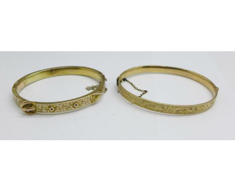 Two bangles, one marked 9ct gold bronze core, fastener requires repair and one plated buckle design bangle, a/f, repaired 