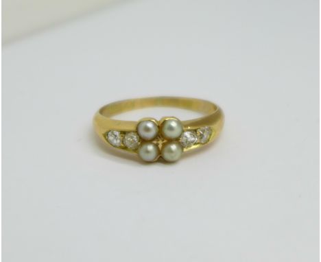 A Victorian 18ct gold, pearl and diamond ring, set with four diamonds and four pearls, Birmingham 1888, (carat mark is unclea