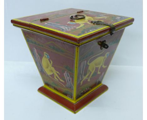 A tea caddy with hand painted African scenes of monkeys, 24.5cm 