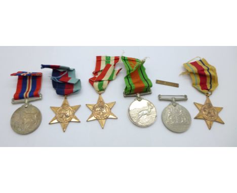 Six WWII medals including Africa Service Medal to 232750 R.G.C. Turner, also The Africa Star with loose 8th Army bar 