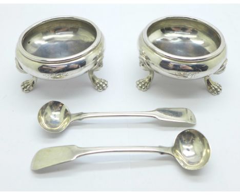 A pair of George IV silver salts, Sheffield 1824, Daniel Holy &amp; Co., and a pair of Georgian silver condiment spoons, tota