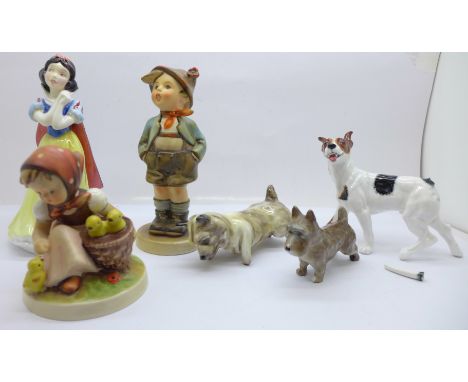Two Hummel figures, Brother c1960 and Chick Girl, a Royal Doulton Snow White, 2000, a Crown Staffordshire Terrier and two Roy
