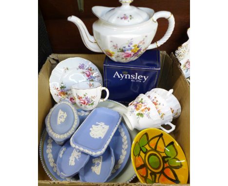 A Poole Pottery plate and dish, five items of Wedgwood Jasperware, Royal Crown Derby Derby Posies teapot, four cups and a tea