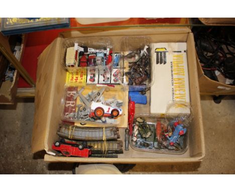 A box of various tin plate model vehicles, track and other toys 