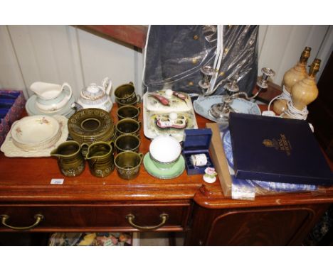 A silver plated candelabra; a Royal Worcester cake plate; a Royal Albert "Silver Birch" patterned teapot; various teaware etc