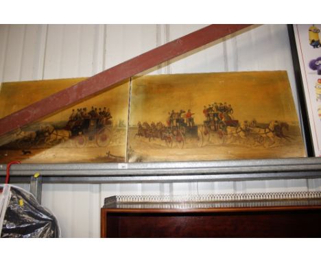 Two unframed oleograph studies each depicting coaching scenes 