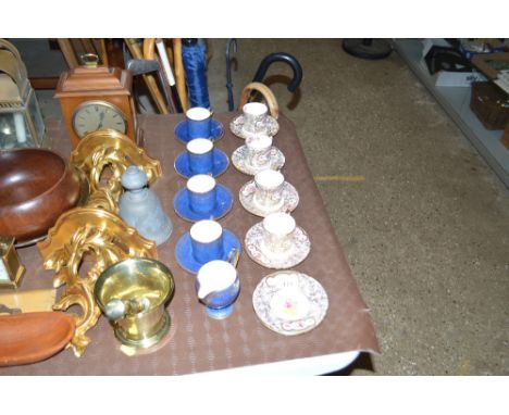 Four each Royal Crown Derby gilt decorated coffee cups and saucers and two matching saucers; and four each Wedgwood blue and 