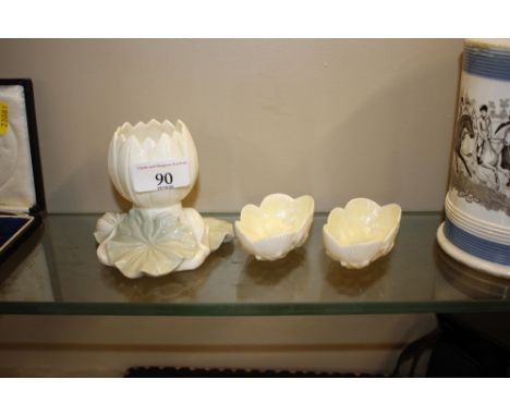A pair of Belleek china salt cellars; and a Royal Worcester vase