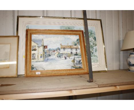 Sturgeon, oil on board study of a street scene; and a print by the same hand 