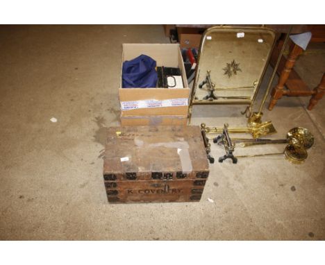 A wooden and metal bound storage box; and a box containing deeds tins; a Kodak slide tray etc. 