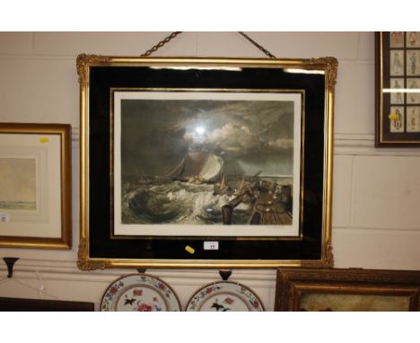 A pencil signed coloured print depicting ships in stormy seas at a harbour 