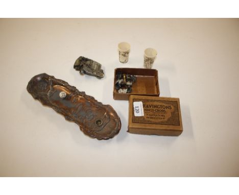 A box containing a Ojime bead; two oriental carvings; a buckle in the form of a lorry; an oriental plated tray with integral 