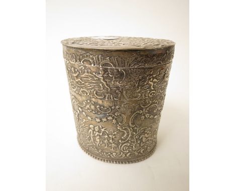 A 19th century repousse tea caddy of oval form decorated with figures amongst foliage, beaded decoration to the base, English