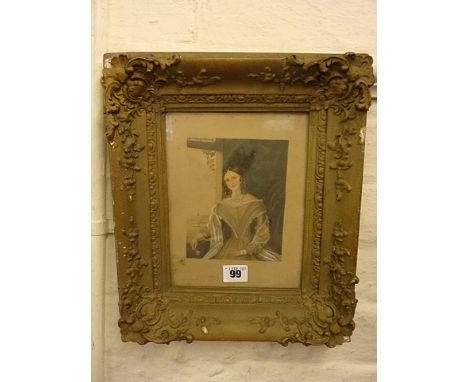 British School 19th century portrait of a young girl seated by a window holding a rose, mounted on card, glazed in a gilt fra