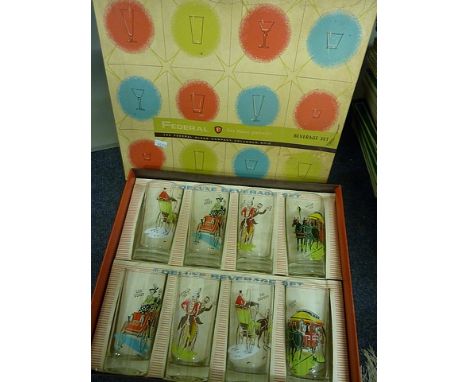 A mid 20th century American retro boxed Federal glass beverage set comprising eight tumblers each with a printed design of di