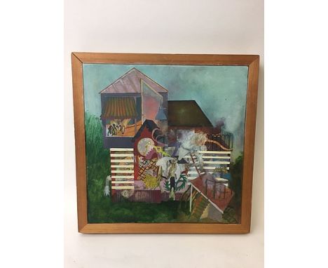 Selwyn Jones-Hughes - oil on board entitled Pendulum Bob's House, with James Bourlet & Sons exhibition label and a R Jackson 